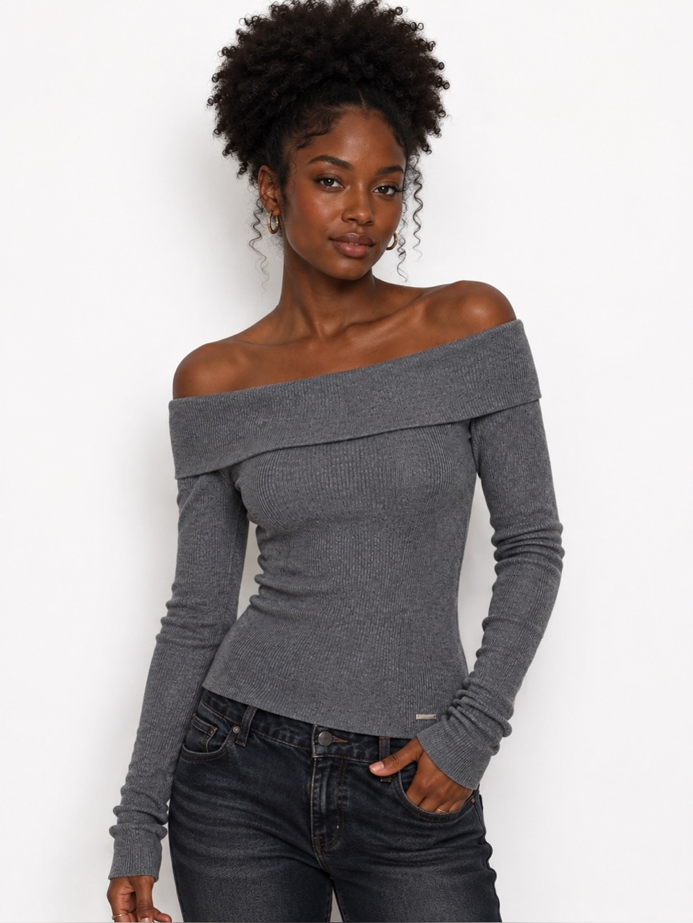 Michael Kors Off Shoulder Ribbed Long-Sleeve fitted Sweater Gray Sz M.